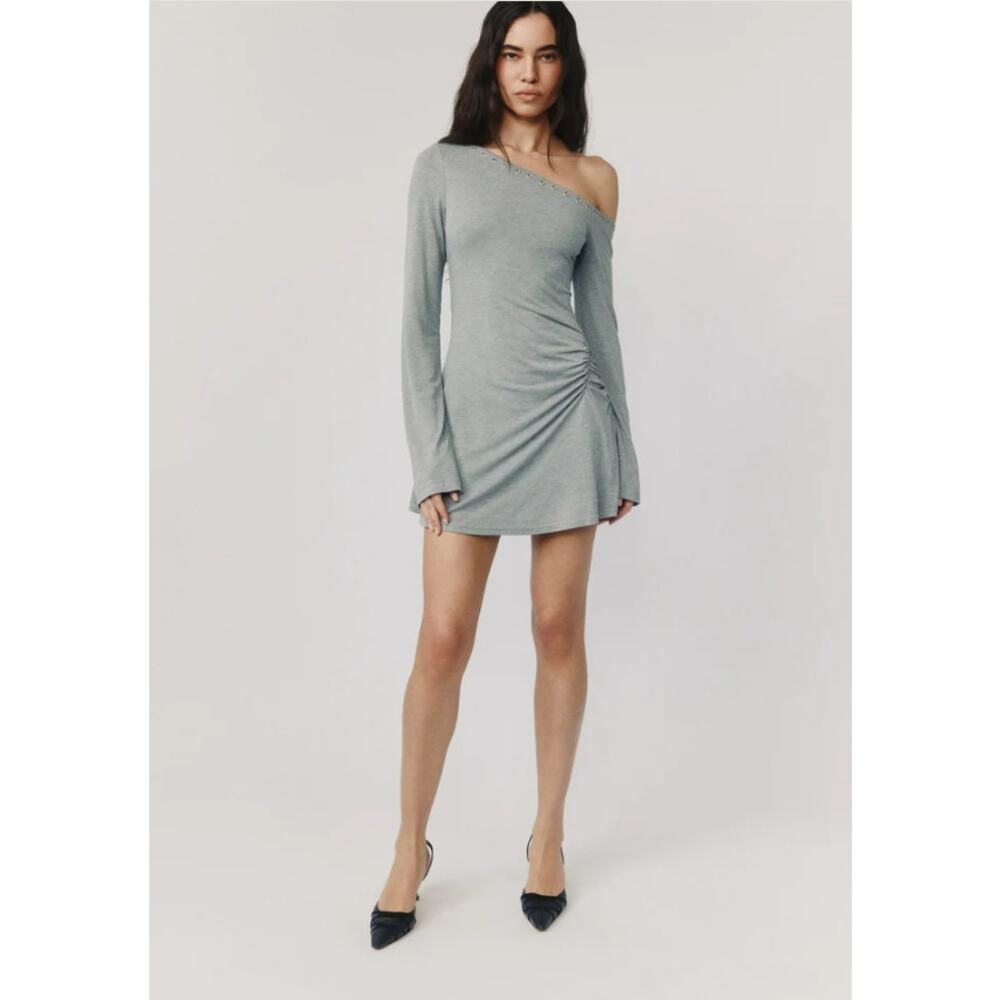 With Jean Dress Womens XS Milo Mini Ruched Long Sleeve Grommet One Shoulder Grey